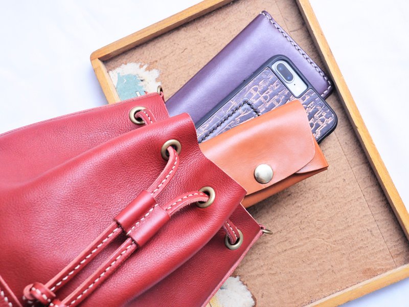 索绳袋 好好缝 皮革DIY材料包 手袋 手提皮袋 索绳包 情侣 植鞣革 - 手提包/手提袋 - 真皮 红色