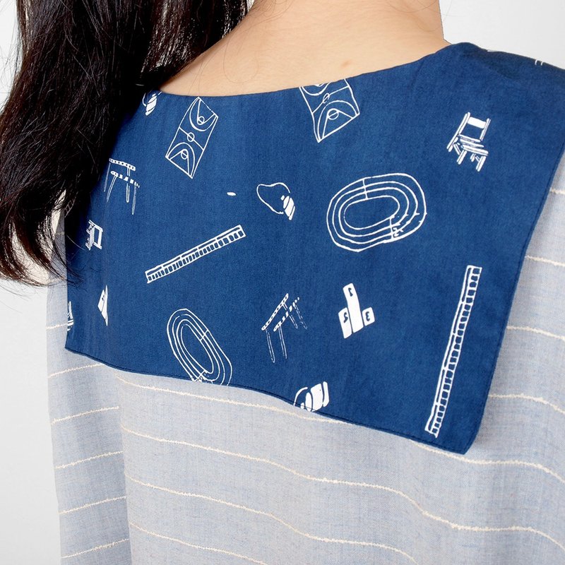 小学校印花海军领细条纹上衣-蓝 - 女装上衣 - 棉．麻 蓝色