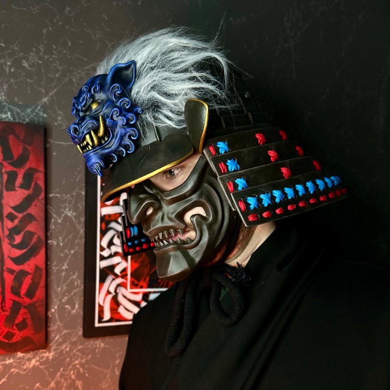 日本武士头盔日本铠甲头盔可穿戴的兜 - 口罩 - 树脂 黑色