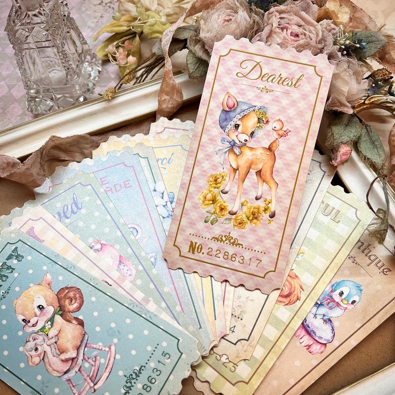 珍珠光泽明信片 / 书签 / 心意卡【可爱动物复古票券】 - 卡片/明信片 - 纸 多色