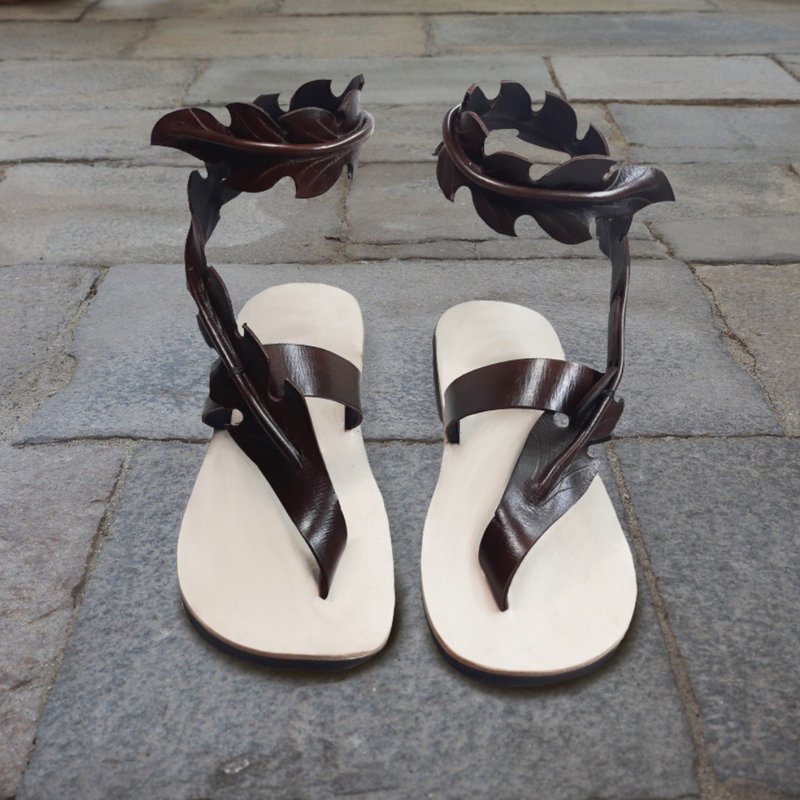 Handmade Leather leaf wrapped around ankles sandals, - 男女凉鞋 - 真皮 咖啡色