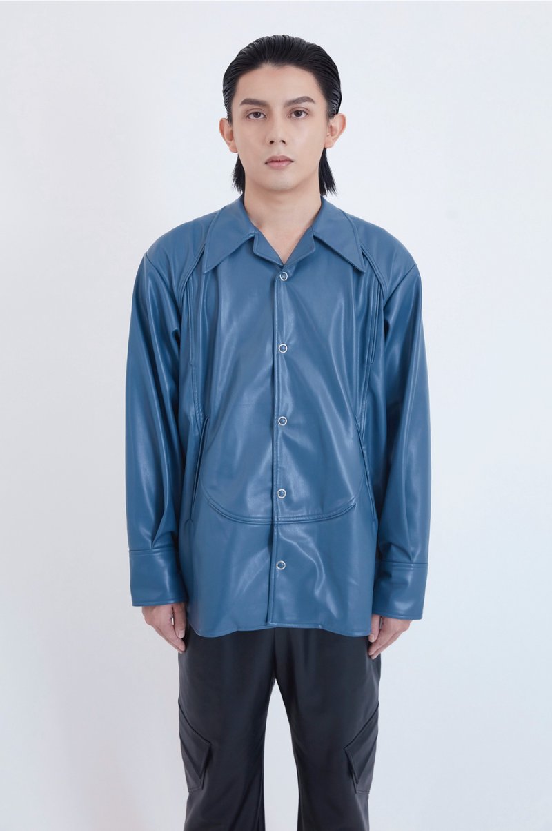 曲线出芽皮衬衫 - 男装衬衫 - 人造皮革 蓝色