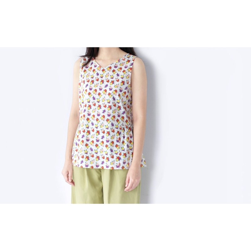 V领无袖上衣，印花设计 - 女装上衣 - 棉．麻 多色