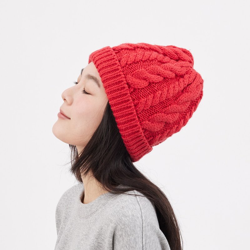 Merry 麻花针织毛帽/ 红 - 帽子 - 棉．麻 红色