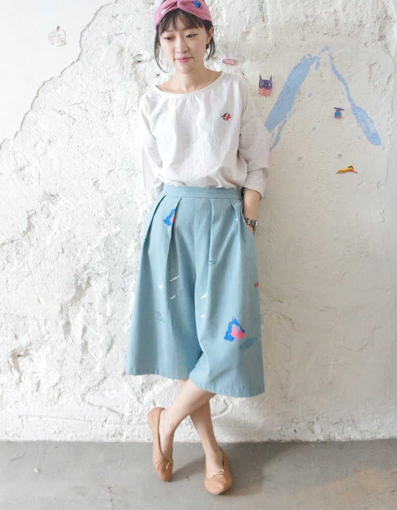 山、风、小狗打褶手工绢印制作可爱宽裤/ - 女装长裤 - 棉．麻 蓝色