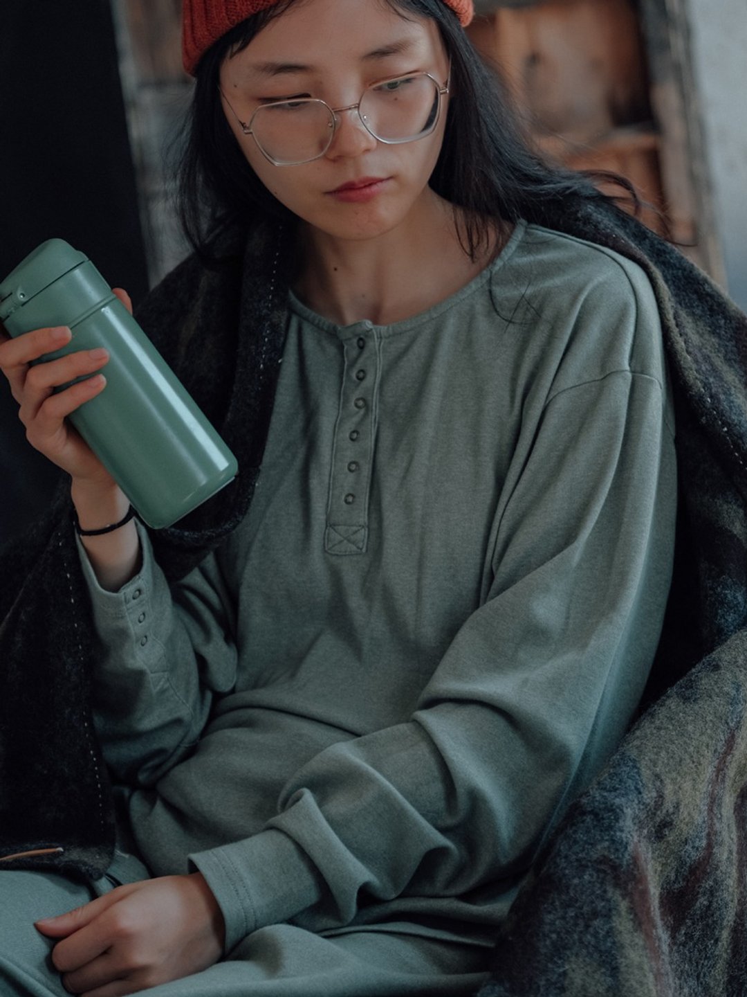 Lazy cat 米厥綠色 復古棉內搭衫 居家服T恤 - 女装上衣 - 棉 绿色