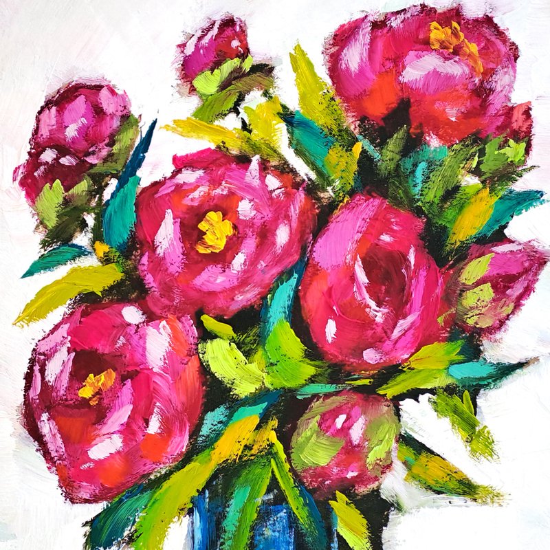 Peonies Painting Peony Original Art Floral Oil Painting Flowers Small Wall Art - 海报/装饰画/版画 - 其他材质 多色