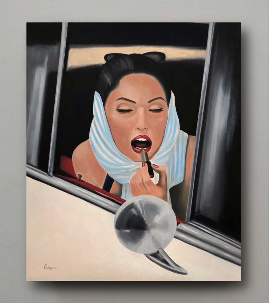 Original Women Painting Oil Painting On Canvas Car Painting Red Lips Artwork - 墙贴/壁贴 - 棉 多色