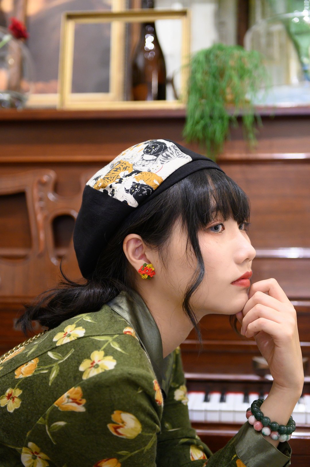【猫街】手工印花贝蕾帽/贝雷帽/画家帽 - 帽子 - 棉．麻 黑色