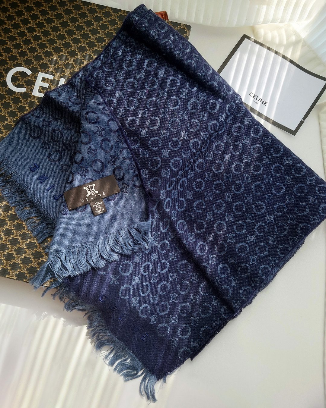 中古孤品 CELINE 老花凯旋门 羊毛 毛毯盖毯颈巾围巾领巾围脖披肩 - 围巾/披肩 - 羊毛 蓝色