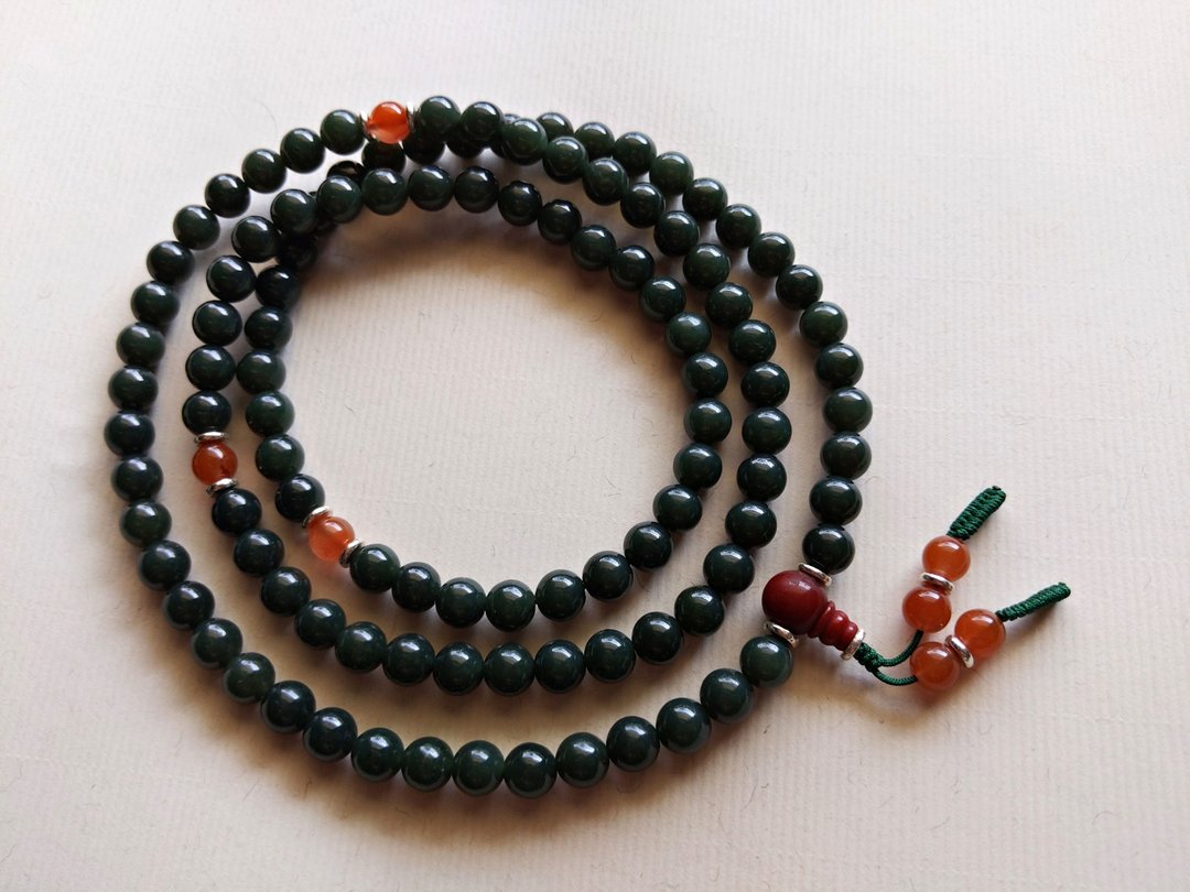 ORLI Jewelry 天然新疆和阗玉青玉108颗念珠 和田玉青玉佛珠 - 项链 - 宝石 绿色