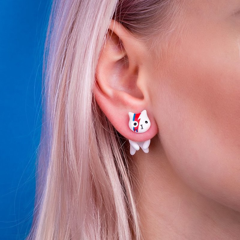 Polymer Clay Earring - David Bowie Cat Style - 耳环/耳夹 - 粘土 白色