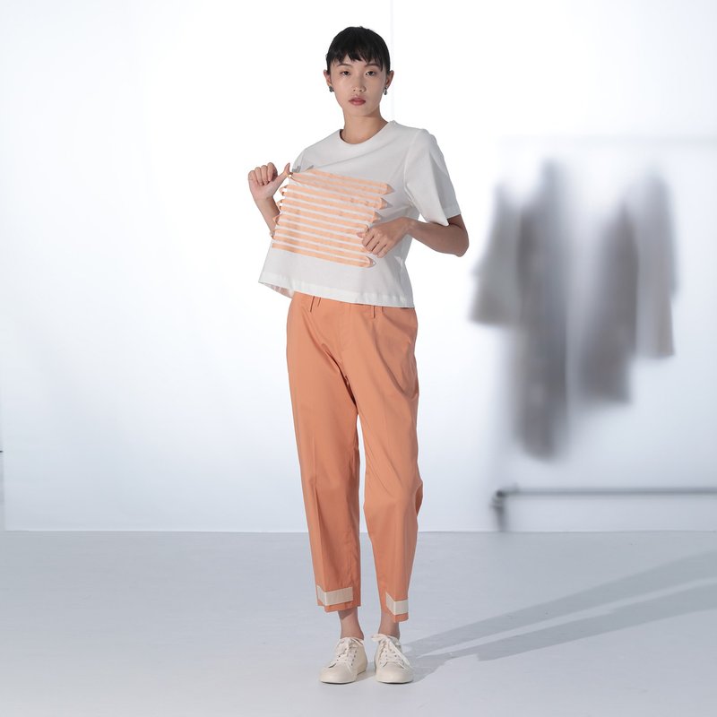 织带细节短袖上衣 - 女装 T 恤 - 棉．麻 白色