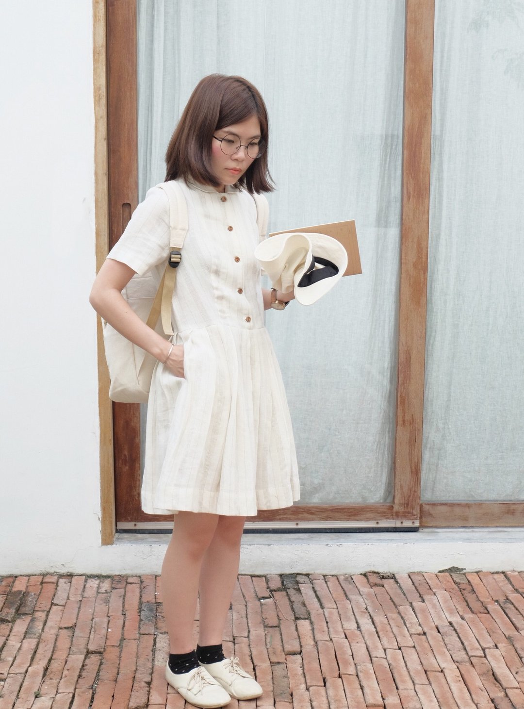 连身白折裙 (Ribbon Dress-白色) - 洋装/连衣裙 - 棉 白色