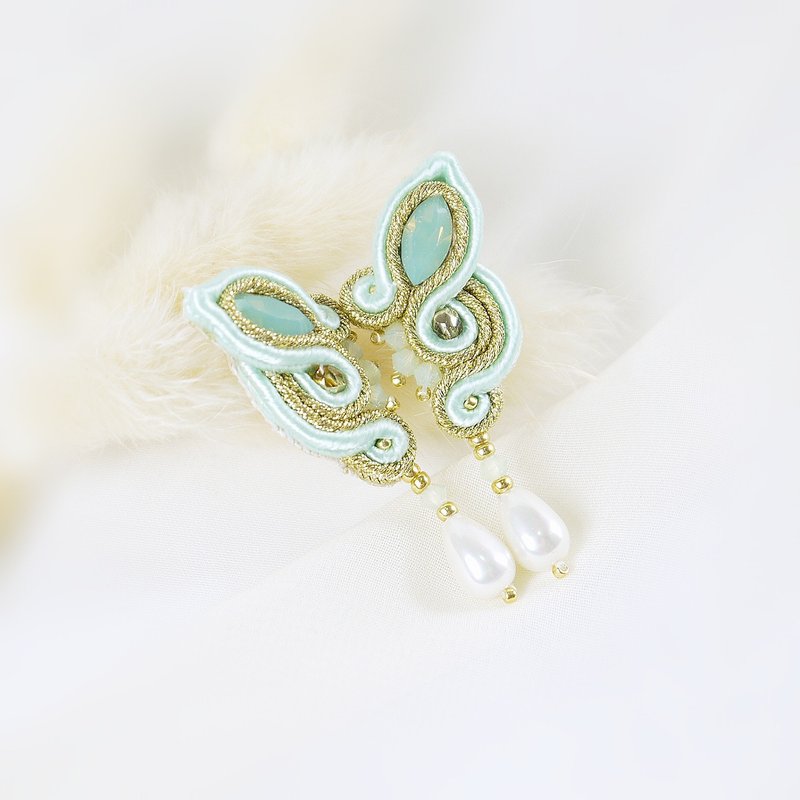 手工缝制饰带耳环 ST161228 - 耳环/耳夹 - 水晶 绿色