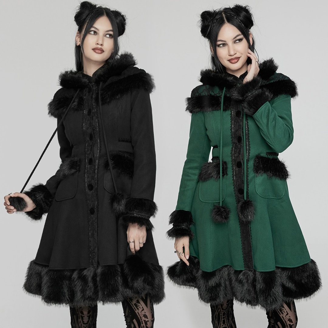 萝莉塔魔女披肩复古连帽大衣 - 黑 / 绿 / 保暖双面绒 - 女装休闲/机能外套 - 其他材质 黑色