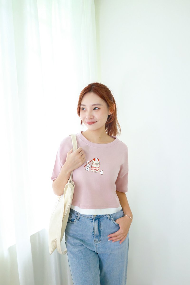 撞色短版Crop Top-麻糬兔Yakult(粉藕色) - 女装 T 恤 - 棉．麻 粉红色