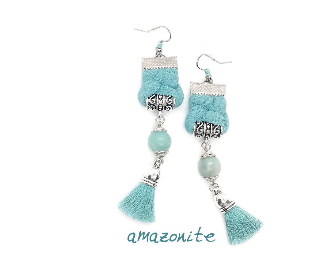 Amazonite Drop Tassel Earrings Boho Seafoam Fabric Earrings Gift for Her - 耳环/耳夹 - 宝石 蓝色