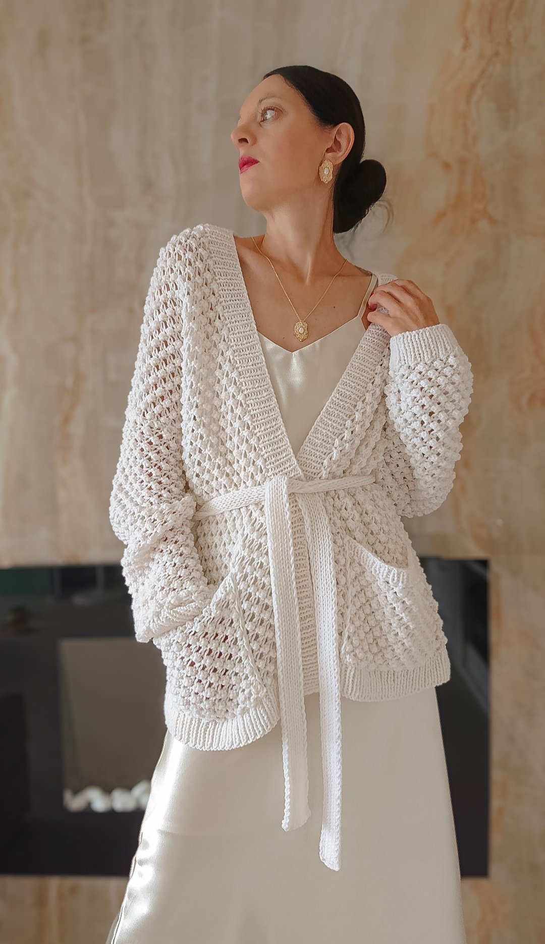 白色毛衣外套 和服式开襟衫 落肩宽松上衣 羊毛衫 女款 - 女装针织衫/毛衣 - 羊毛 