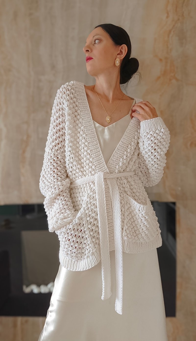 白色毛衣外套 和服式开襟衫 落肩宽松上衣 羊毛衫 女款 - 女装针织衫/毛衣 - 羊毛 