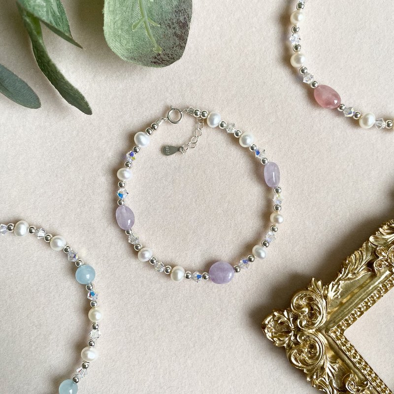 珍珠串串 Hortensia 荷冬希亚 粉晶 薰衣草紫水晶 海蓝宝 925纯银 - 手链/手环 - 珍珠 银色