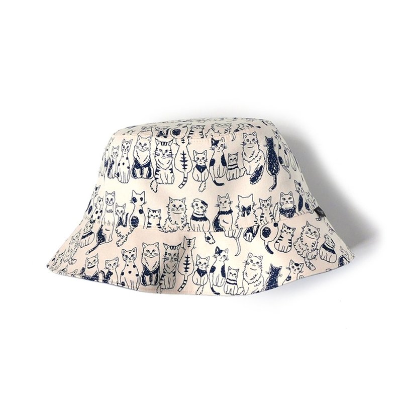 手绘风猫咪双面渔夫帽 - 帽子 - 棉．麻 卡其色