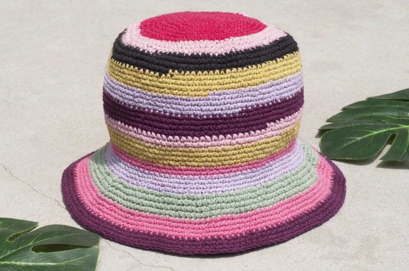 七夕礼物 限量一件 大地森林风拼接手织棉麻帽 / 渔夫帽 / 遮阳帽 / 拼布帽 / 手工帽 / 手工钩织帽 / 手工编织 - 冰淇淋 马卡龙 水果 条纹棉麻帽 - 帽子 - 棉．麻 多色