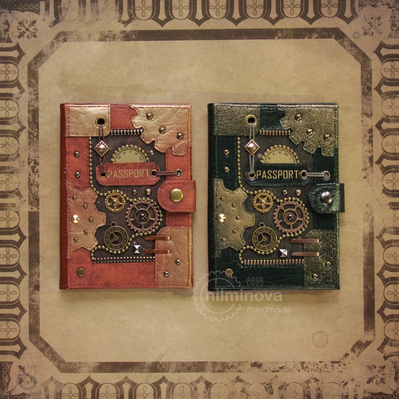 蒸气庞克护照套 'Chain' 蒸气庞克护照夹 身分证夹 - 护照夹/护照套 - 真皮 咖啡色