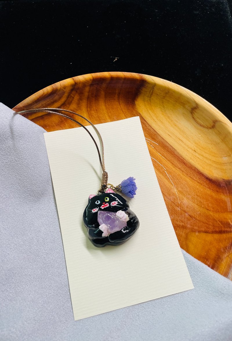 能量守护小小喵手作疗愈吊饰 紫水晶/礼物/可爱小物 - 吊饰 - 水晶 黑色