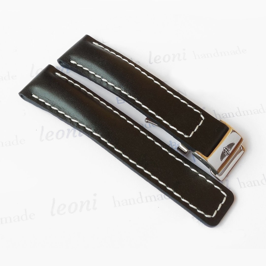 Black Watch Strap for Breitling, genuine leather, Deployment clasp - 表带 - 真皮 黑色
