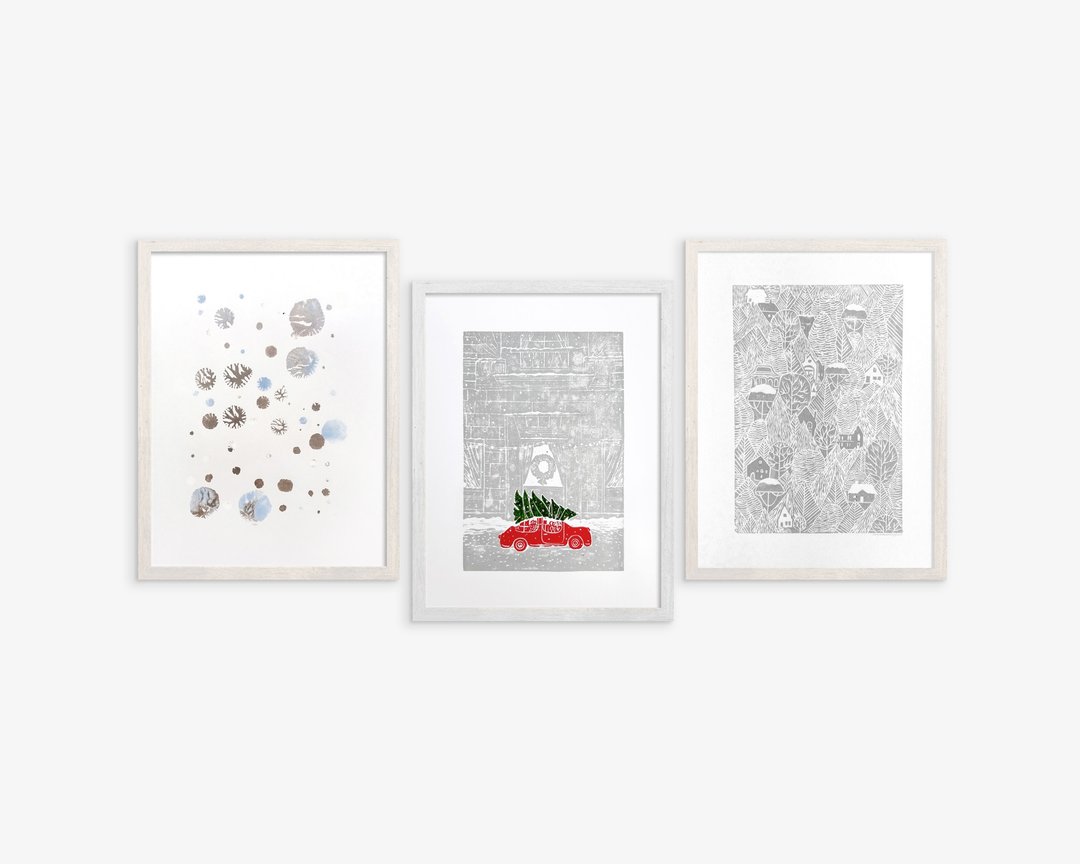画廊墙 3 件假日冬季墙艺术圣诞树红色汽车雪艺术 - 海报/装饰画/版画 - 纸 灰色