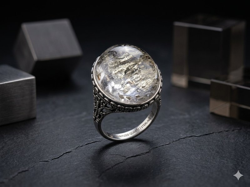 黄铜片水晶 - 黄铜矿共生水晶 S 925 银饰 - 戒指 - 水晶 