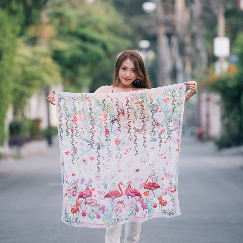 爱鸟系列 - 柔和浪漫红鹤丝巾／围巾（Love birds - Romantic Flamingo Scarf in Pastel colour） - 丝巾 - 其他材质 粉红色