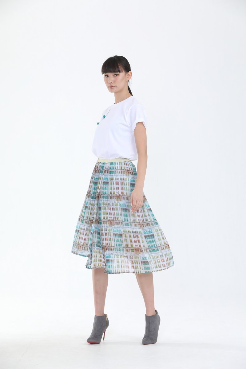 LESLIE 旧禧街警察局印花不对称百褶裙 - 裙子 - 聚酯纤维 