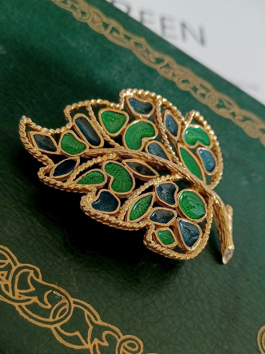 vintage jewelry Florenza 古董蓝绿珐琅典雅胸针 - 胸针 - 其他金属 