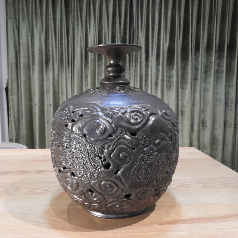 柴烧双层雕刻祥瑞图纹茶仓花器 - 茶具/茶杯 - 陶 多色