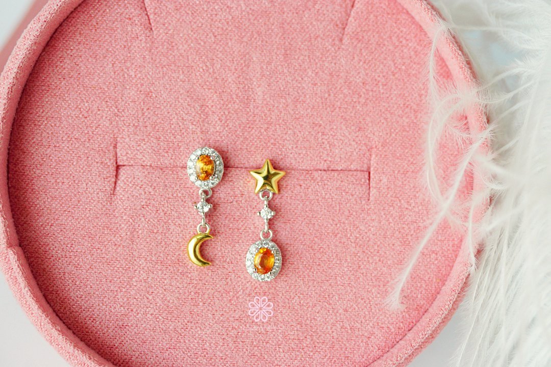 Natural Orange Sapphire Drop Earrings Silver 925, gemstone Drop earrings. - 耳环/耳夹 - 纯银 橘色