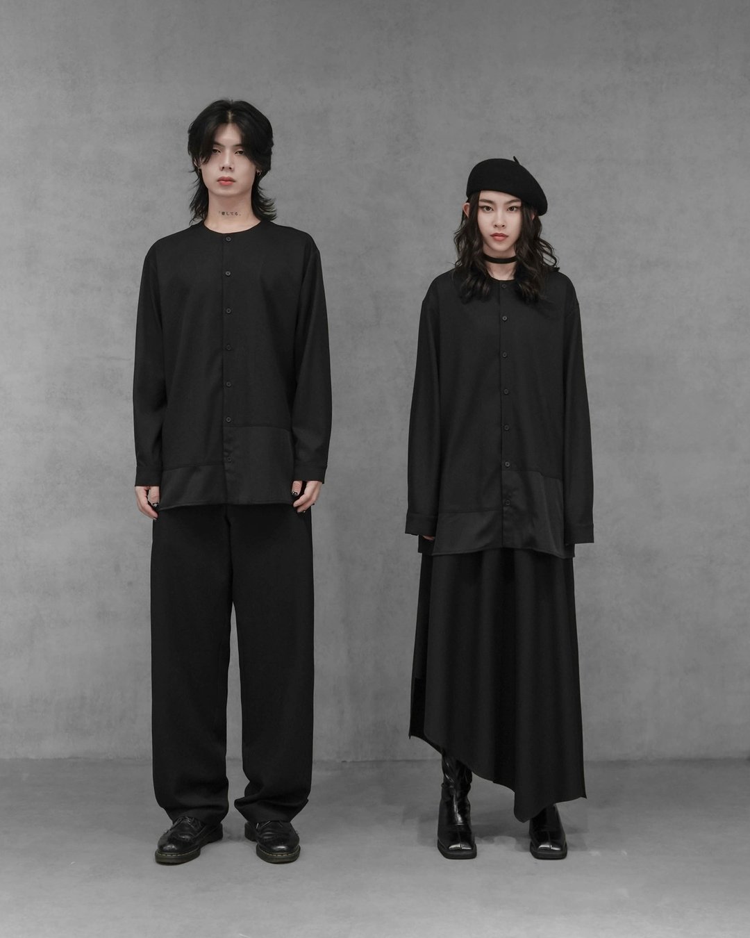 MUKK DESIGN 圆领下摆拼接衬衫 - 男装衬衫 - 聚酯纤维 黑色