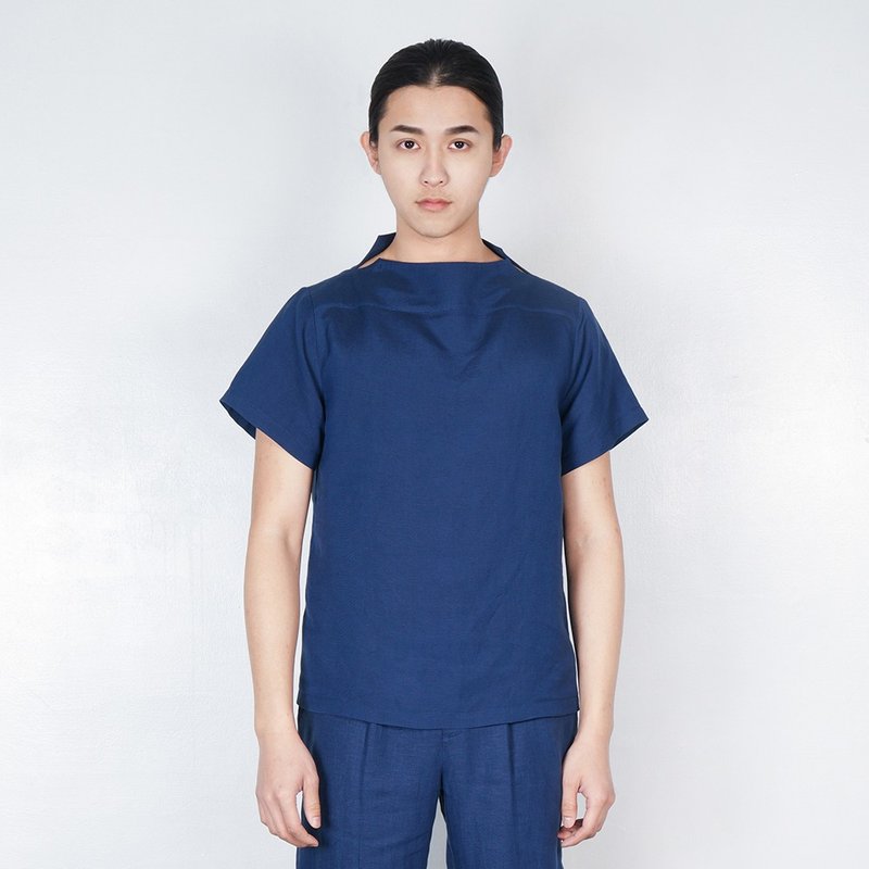 黑白切 SS 火山领落肩上衣  群青 - 男装上衣/T 恤 - 棉．麻 蓝色