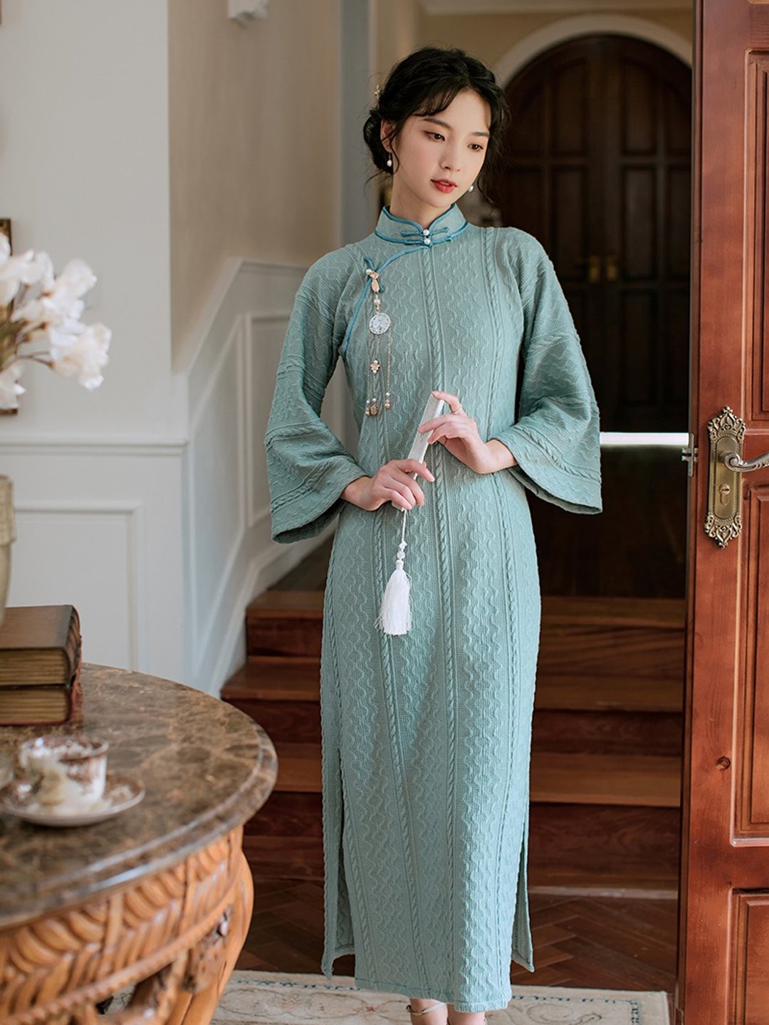藍綠色 如玉 倒大袖麻花紋針織套頭旗袍 復古改良新中式國風洋裝 - 旗袍 - 聚酯纤维 绿色