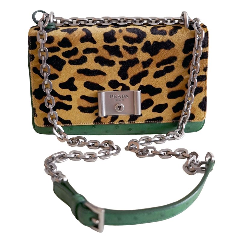 PRADA Sac Croisé en Cuir d'Ostrich Vert et en Fourrure de - 侧背包/斜挎包 - 真皮 绿色