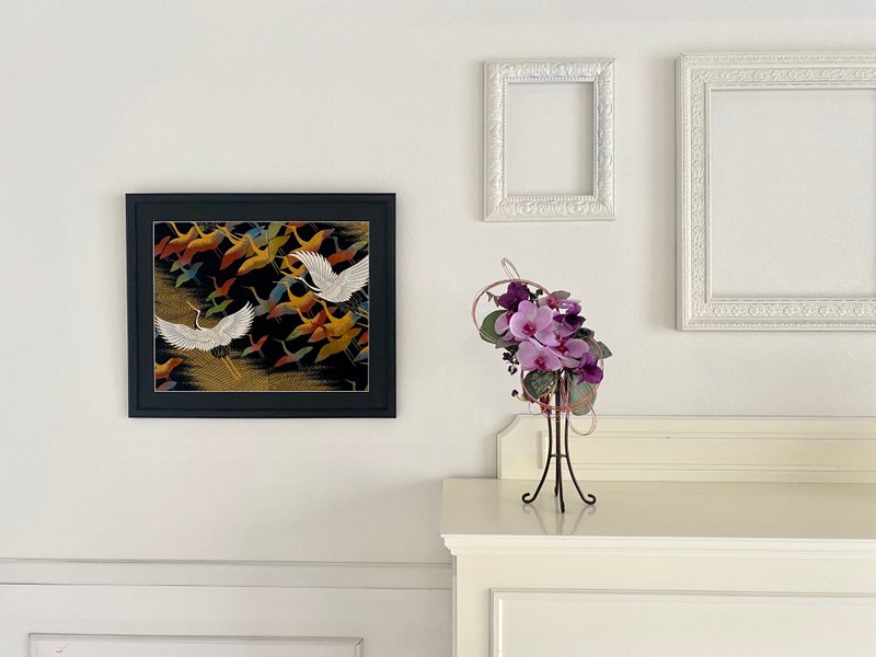 The art panel made from Japanese bride Kimono　Auspicious pattern Crane 043 - 墙贴/壁贴 - 丝．绢 黑色