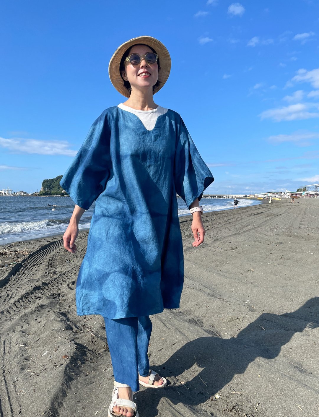 蓝染 Aizome 连身裙 板缔め 宽松A字裙 Breath 亚麻帆布 Shibori 手染 - 洋装/连衣裙 - 棉 蓝色