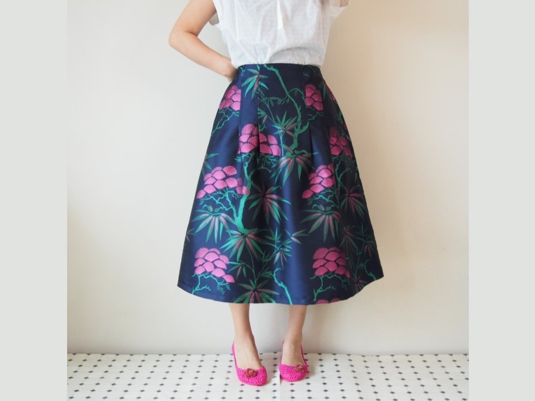 KABUKI Skirt - 宛如和服的织纹长裙，中长款 70 厘米 - 裙子 - 丝．绢 蓝色