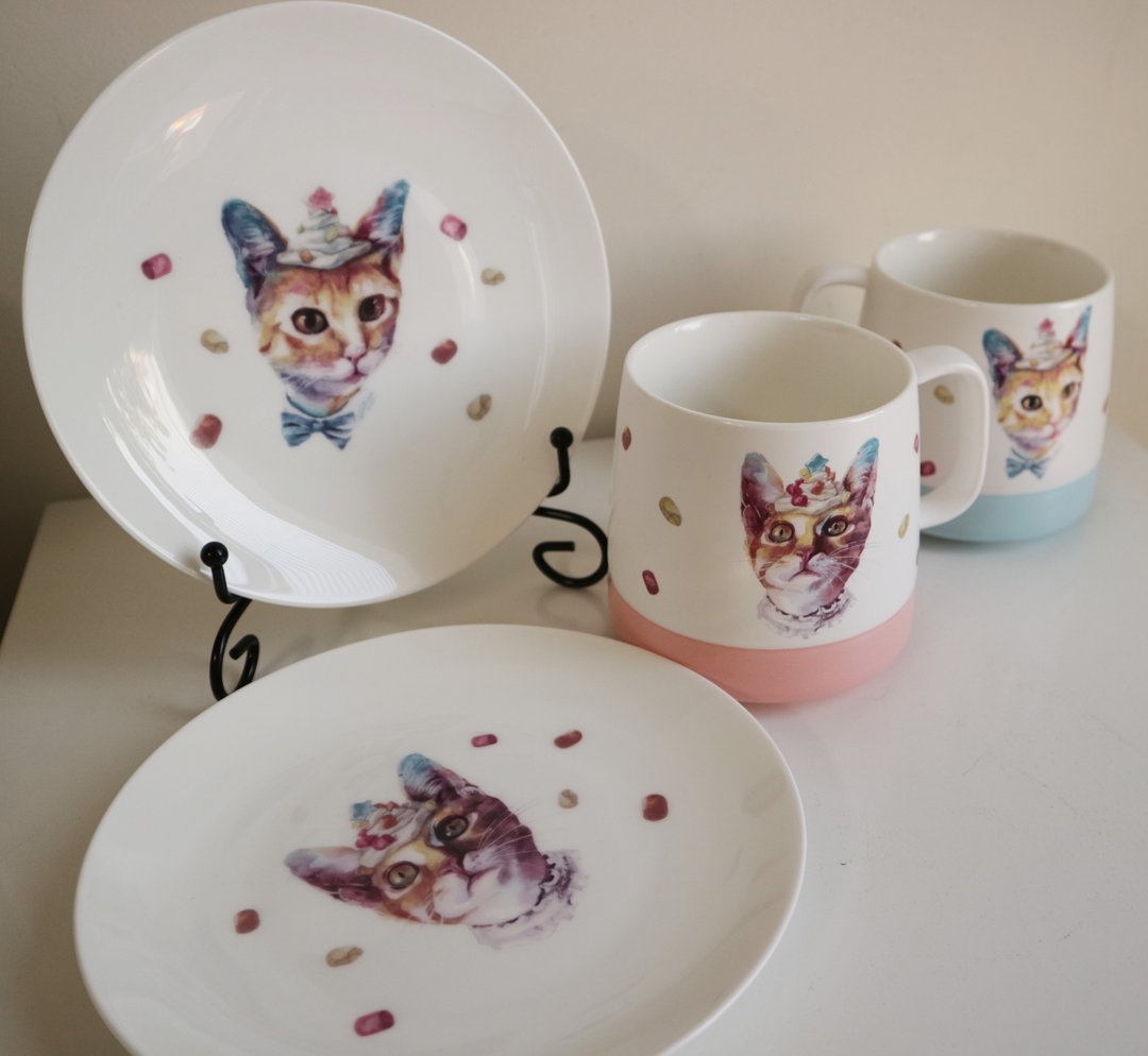 定制化 猫咪情人杯盘组 插画家Catchme作品 情人节最佳首选 - 咖啡杯/马克杯 - 瓷 多色