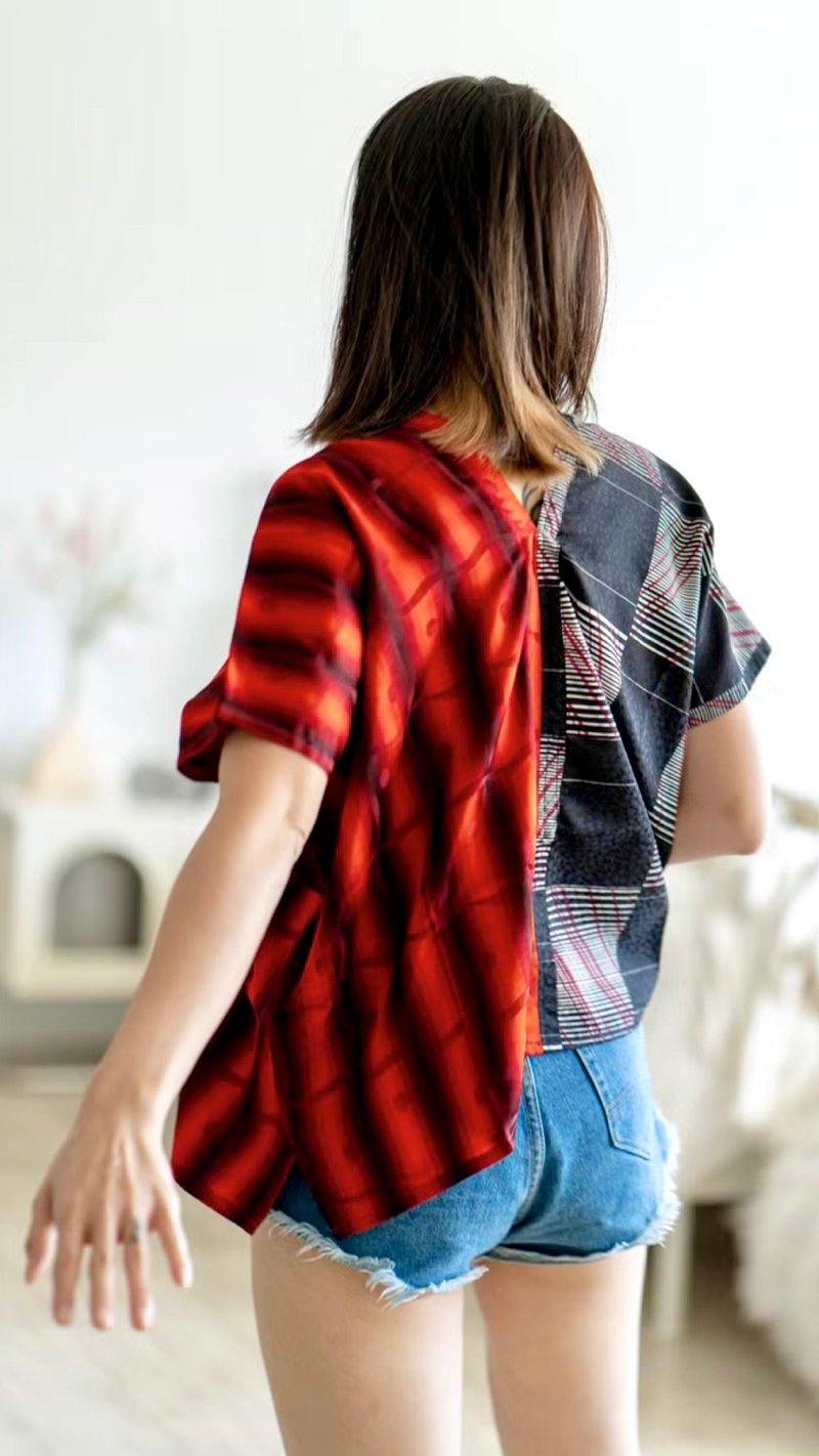 几何线条红黑撞色四方衣四角衣宽松罩衫 - 女装上衣 - 棉．麻 多色