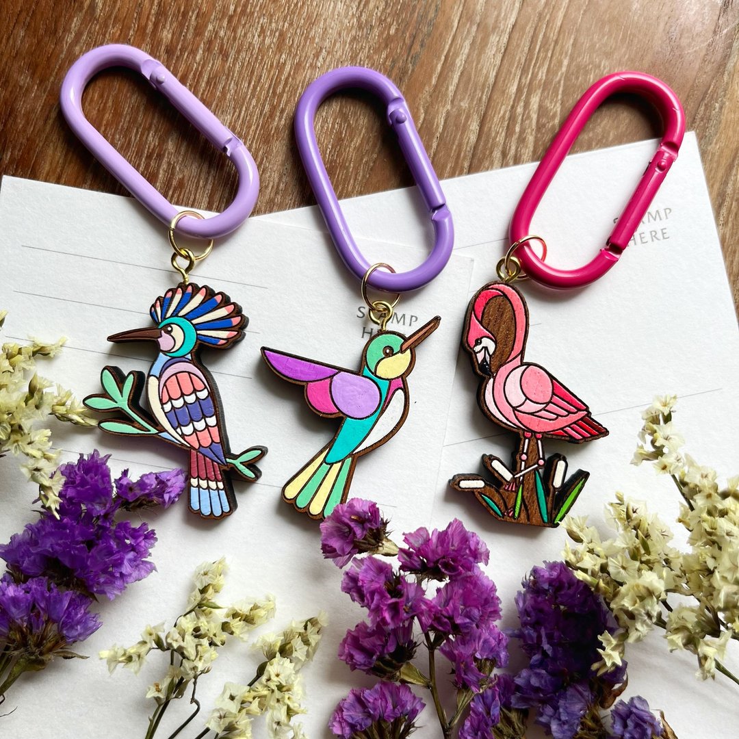 Wooden Keychain Birds - 钥匙链/钥匙包 - 木头 粉红色