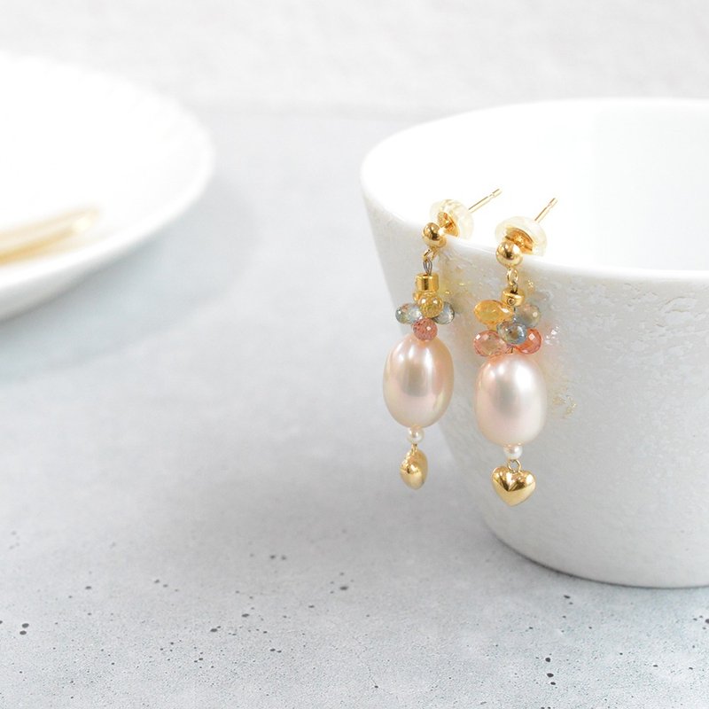 Heart and Briolette Cut花式蓝宝石和珍珠耳环 日本制造 耳夹耳 - 耳环/耳夹 - 珍珠 