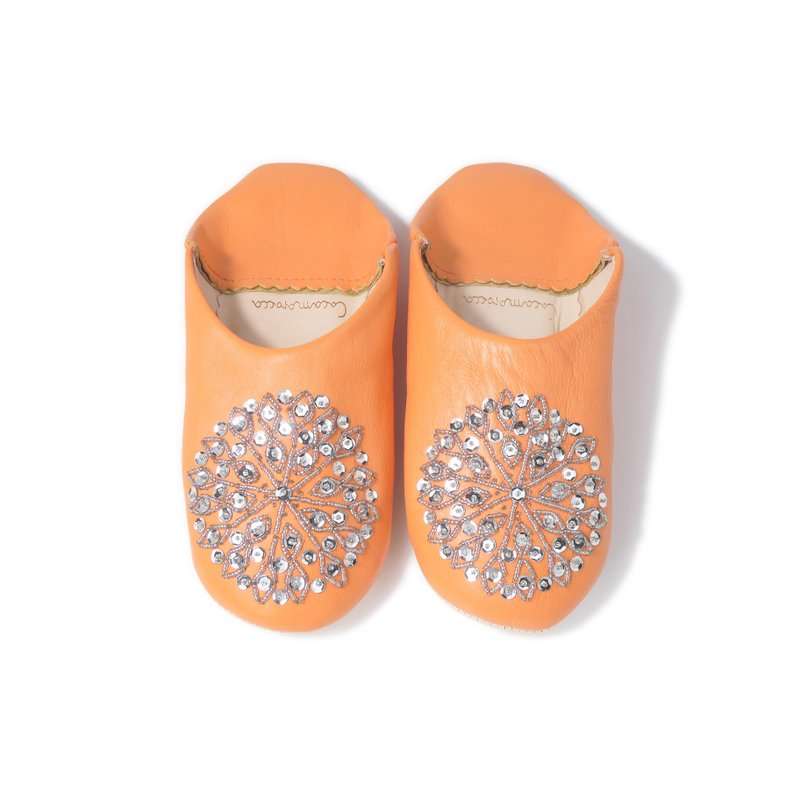 高品质 橘色 / 银色 摩洛哥 无异味 皮革 Babouches 拖鞋 - 室内拖鞋 - 真皮 橘色