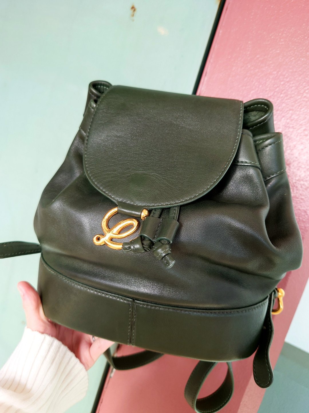 中古美品 Loewe 附尘袋墨绿 双肩包肩背包书包肩背袋背嚢包单肩包 - 后背包/双肩包 - 真皮 绿色